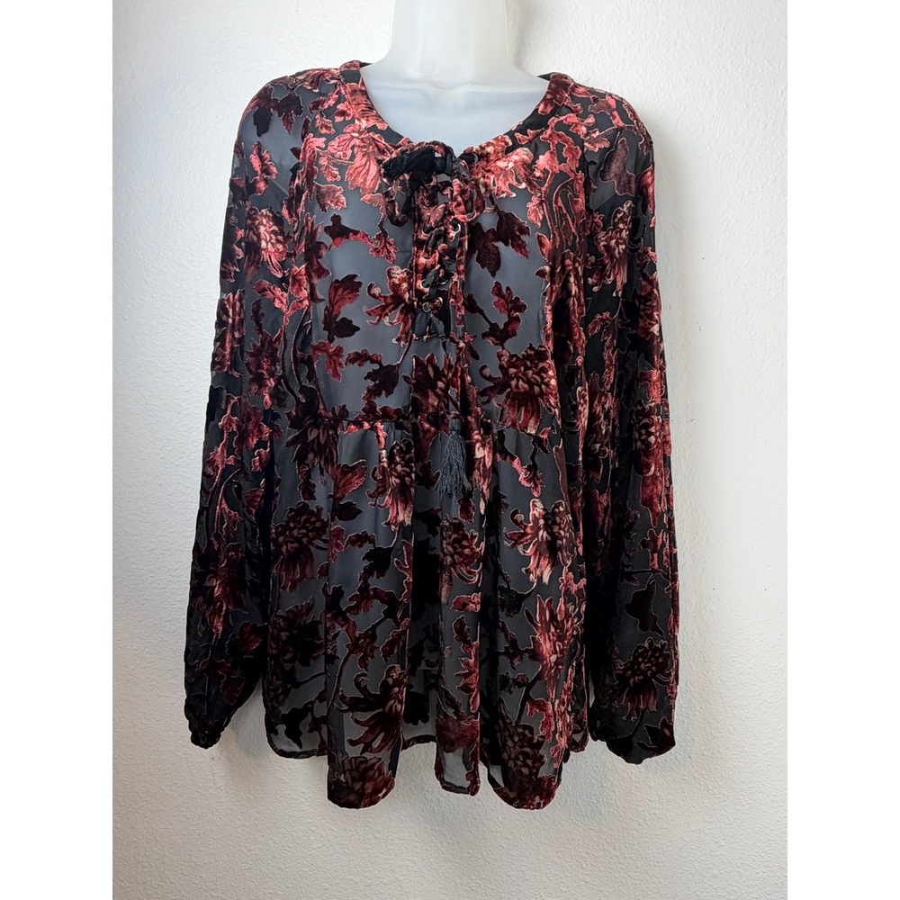 Shyanne Red Black Floral Burnout Velvet Lace Up Tassel Top Blouse Medium